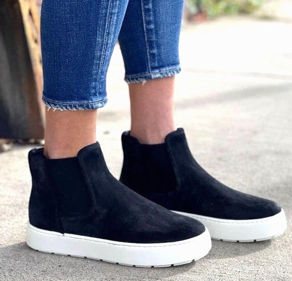 VINCE Nira Women's High Top Suede Sneaker Boots Water Repellent Black. Size 7.5